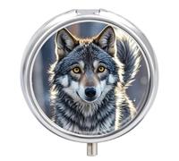 Cute Wolf Metal Pill Organizer, 3 Compartment Waterproof Pill Case with Mirror for Purse Pocket Bag, Daily Medicine Vitamin Holder, Portable Travel Med Container(Round)