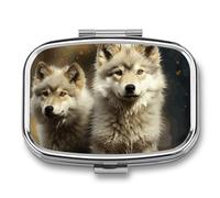 Cute Wolf Pill Box with 2 Compartments, Portable Pill Organizer for Pocket or Purse, Decorative Metal Medicine and Vitamins Organizer