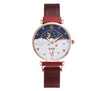 Cute Women Watch Star Moon Diamond Quartz Analog Watch with Magnetic Buckle Mesh Chain Strap, red, bracelet
