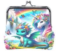 Cute Women's Cute Coin Purse Leather Rainbow Unicorn Dragon Kiss Lock Change Pouch Coin Wallet 4.53" x 4.13"