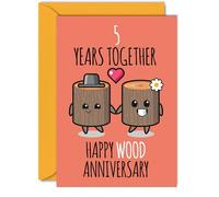 Cute Wooden Anniversary Card for Boyfriend Girlfriend - 5 Years Together - Happy 5th Wedding Anniversary Cards for Women Men, A5 Greeting Cards Anniversaries