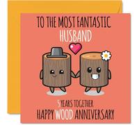 Cute Wooden Anniversary Card for Husband - 5 Years Together - Happy 5th Wedding Anniversary Cards for Husband from Wife, 145mm Greeting Cards Anniversaries