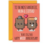 Cute Wooden Anniversary Card for Mum & Step Dad - 5 Years Together - Happy 5th Wedding Anniversary Cards for Step Dad Mum, A5 Greeting Cards Anniversaries