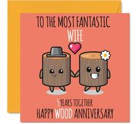 Cute Wooden Anniversary Card for Wife - 5 Years Together - Happy 5th Wedding Anniversary Cards for Wife from Husband, 145mm Greeting Cards Anniversaries