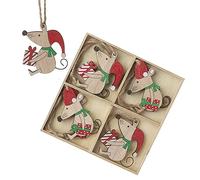Cute Wooden Christmas Mouse Hanging Tree Decorations Bauble Set of 8