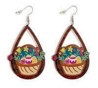 Cute Wooden Easter Rabbit Bunny Drop Earrings Water Drop Hollow Colorful Holiday Easter Eggs Flower Basket Dangle Earrings for Women Jewelry Gift-Style C