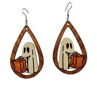 Cute Wooden Halloween Dangle Earring Funny Ghost Crazy Cat Pumpkin Wood Teardrop Drop Earrings Halloween Party Jewelry for Women, Metal Wood, wood