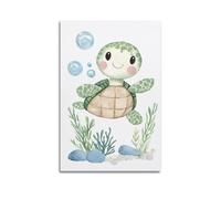Cute Woodland Cartoon Sea Turtle Wall Art, Hanging Paintings Poster Canvas Decor, Perfect for Kids Baby Boy Baby Girl Toddler Nursery Room Home Decor 24x36inch(60x90cm)