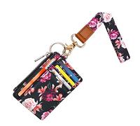 Cute Wrist Lanyard with ID Card Holder for Women Girls, WAVEYU Hand Wristlet Lanyards for Keys with Wallet ID Badge Holder with 6 Card Slots, 1 ID Window, 1 Zipper Pocket, Black Flower