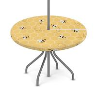 Cute Yellow Bee Outdoor Round Tablecloth with Umbrella Hole Honeycomb Bee Round Fitted Patio Table Cover with Elastic Edged Waterproof Wipeable Table Cloth Fit 36"-44" Round Tables for Patio Outdoor