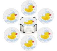 Cute Yellow Duck Drink Coasters with Holder,Ceramic Coasters for Tables, Cork Backed Drink Mats for Coffee/Wine,Kitchen & Office Accessories