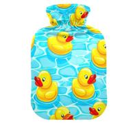Cute Yellow Ducks Blue Pool Hot Water Bottles with Velvet Cover Hot Water Bag for Hot and Cold Compress Small