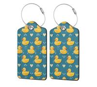 Cute Yellow Rubber Ducks Cartoon Blue Leather Luggage Tags with Privacy Cover - Stainless Steel Cable Id Holder for Suitcase Travel Bag Briefcase