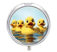 Cute Yellow Rubber Ducky Metal Pill Organizer, 3 Compartment Waterproof Pill Case with Mirror for Purse Pocket Bag, Daily Medicine Vitamin Holder, Portable Travel Med Container(Round)
