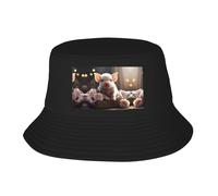 Cute Young Pig Adult Bucket Hat Sun Protection Cap Sunshade Fisherman Hat Print Fishing Cap for Women Men Black