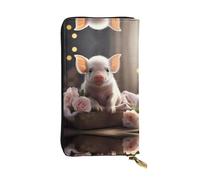 Cute young pig Long leather wallet, portable credit card holder, zippered coin purse, and ID compartment