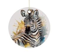 Cute Zebra Watercolor Ceramic Ornaments with Hanger Round Porcelain Ornaments Personalized Xmas Tree Keepsake Crafts Gift for Christmas and Thanksgiving Decoration