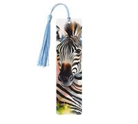 Cute Zebra Watercolor Wood Bookmark for Book Lovers Birthday Teachers Gift, Handmade Craft Book Marks Ornaments with Tassel Exquisite Reading Page Markers for Men Women