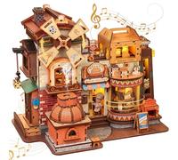 CUTEBEE 3D Wooden Model Building Kit Music Box - DIY Diorama Kit with LED Light, Music, Atomization Smoke, Type-C Power & 360° Rotating Display, Home Decor, Gifts for Teens & Adults (Bread Factory)