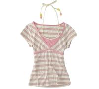 Cutecore Harajuku Y2k Baby Tee Cute Kawaii Emo Grunge Shirt Women Vintage Graphic Tees Short Sleeve Alt Tops 2000s, Pink White Striped, M