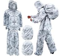 Cutecrop 2 Sets Winter Camo Suit Hunting Tactical Suit with Backpack Cover, Snow Camo Ghillie Suit Windbreaker Winter Camouflage Jacket Pants for Sniper Military Tactical Hunting, Unisex, White, as