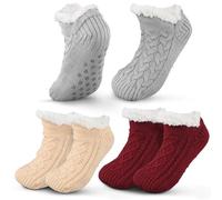 Cutecrop 3 Pairs Unisex Fluffy Fuzzy Warm Slipper Socks for Men Women, Fleece Lined Non-slip Socks Christmas Thanksgiving Indoor Floor Winter Stocking Stuffers Gifts, Apricot, Red, Grey, L