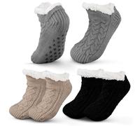 Cutecrop 3 Pairs Unisex Fluffy Fuzzy Warm Slipper Socks for Men Women, Fleece Lined Non-slip Socks Christmas Thanksgiving Indoor Floor Winter Stocking Stuffers Gifts, Black, Gray, Khaki, L
