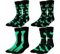 Cutecrop 4 Pairs Men's Halloween Socks Glow in The Dark Novelty Socks with Glowing Skeleton Bone Funny Bat Pumpkins Spooky Day of The Dead Gifts