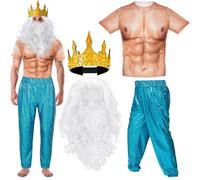Cutecrop 4 Pcs Halloween Poseidon Costume Neptune Merman Trick or Treat Kit Sea Cosplay for Grandpa Men, Blue, X-Large