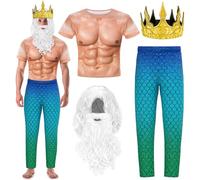 Cutecrop 4 Pcs Halloween Poseidon Costumes Deluxe Merman Kit Neptune God of Sea Cosplay for Men, Blue and Green, X-Large