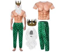 Cutecrop 4 Pcs Halloween Poseidon Costumes Deluxe Merman Kit Neptune God of Sea Cosplay for Men(Green,XXX-Large)