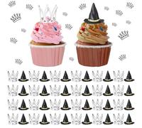 Cutecrop 48 Pack Witch Hat and Crown Cake Topper Bad Witch Birthday Party Decorations Mini Wizard Hats Silver Crown Cupcake Toppers Decor Princess Cake Accessories for Birthday Party Supplies Crafts