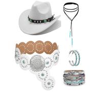 Cutecrop 5 Pcs Boho Jewelry Western Hat Set Cowboy Hat Western Belt Boho Pendant Choker Layered Bracelet Dangle Earrings (White)