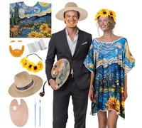 Cutecrop 9 Pcs Halloween Painter Couple Costume Set Painting Artist Couples Costumes for Adults Including Sky Flower Skirt Sunflower Headdress Sun Hat for Halloween Funny Cosplay