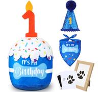Cutecrop Dog 1st Birthday Gifts Set, Dog Boy Girl Birthday Decorations, Blue Hat Bandana Squeaky Cake Toy Paw Print Kit for Small, Medium, Large Pets