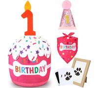 Cutecrop Dog 1st Birthday Gifts Set, Dog Boy Girl Birthday Decorations, Pink Hat Bandana Squeaky Cake Toy Paw Print Kit for Small, Medium, Large Pets