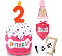 Cutecrop Dog 2nd Birthday Gifts Set, Dog Boy Girl Birthday Decorations, Pink Hat Bandana Squeaky Cake Toy Paw Print Kit for Small, Medium, Large Pets