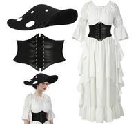 Cutecrop Renaissance Mushroom Medieval Costume with Hat and Cinch Belt Women Victorian Fairy Retro Dress Cosplay(Black,Large/X-Large)
