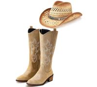Cutecrop Straw Cowboy Hat Cowgirl Woven Sun Hat Cowboy Boots Embroidery Pointy Toe Western Country Concert Outfits for Women, Khaki, 7.5 UK