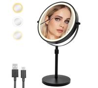 Cuteefun 8" Vanity Mirror with Lights, 1X/10X Double Sided Magnifying Mirror on Stand, Adjustable Height & Brightness, 360° Rotation, 3 Colors Light Modes, Ideal for Vanity Table, Bathroom, Black