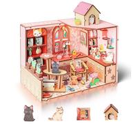 Cuteefun DIY Miniature Dollhouse Kit Age 14+, Wooden Dollhouse Kit with LED Light, Mortise and Tenon Construction for Easy Building, Birthday Halloween (Cat Cottage)