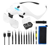 Cuteefun Magnifying Glass, Rechargeable Headband Magnifier with 4 Led Light | 2 Brightness Levels, 5 Lenses 1x To 3.5x, Adjustable Lens And Light Angle, 10 Tweezers, Head Loupe for Repair, Craft