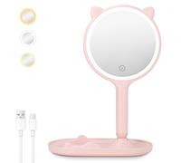 Cuteefun Vanity Mirror with Lights, 1X/5X Double Sided Magnifying Mirror, Tabletop & Handheld, 3 Colours LED Light, Touch Screen Dimming, USB Rechargeable, Ideal for Bedroom, Vanity Table, Pink