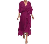 CUTeFiorino Dresses Plus Size Women's Plain Long Lace Up Dress with Irregular Batwing Sleeves Elegant Dress Women's Festive Wedding, Wine Red, 5XL
