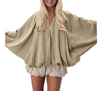 CUTeFiorino Women's Puff Jacket, Oversized Streetwear, Casual, Batwing Sleeves, Lapel Collar, Zip, Front, Pleated Shirts, Thick Turtleneck Pullover, khaki, S