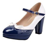CuteFlats Round Toe Mary Jane Court Shoes with Cone Heel, Patent Synthetic Leather Backstrap, 8.5cm Heel, 1.5cm Platform, Dates & Parties Blue