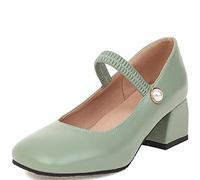 CuteFlats Women Casual Heeled Mary Janes Court Shoes with Block Heel and Square Toe for Dating/Party Green