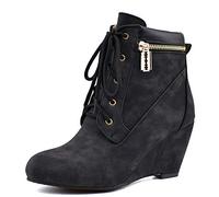 CuteFlats Women Casual Lace-up Wedge Boots with Round Toe Black