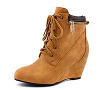 CuteFlats Women Casual Lace-up Wedge Boots with Round Toe Khaki