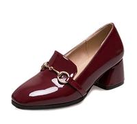CuteFlats Women Casual Loafer Shoes with Chunky Heel and Square Toe Burgundy